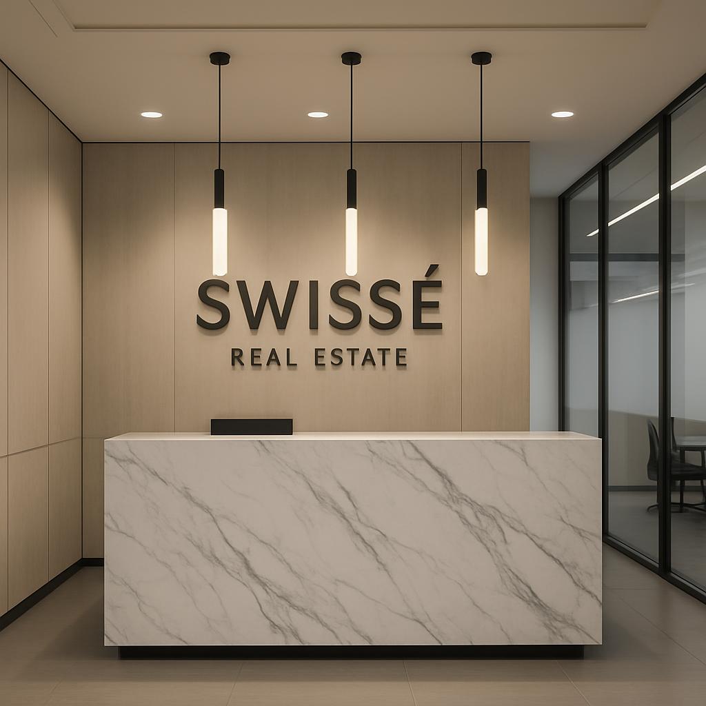 Das Bild zeigt das Empfangs-Büro der Firma Swisse Real Estate. Es zeigt einen großen, hellen Hochschrank sowie drei beleuc...