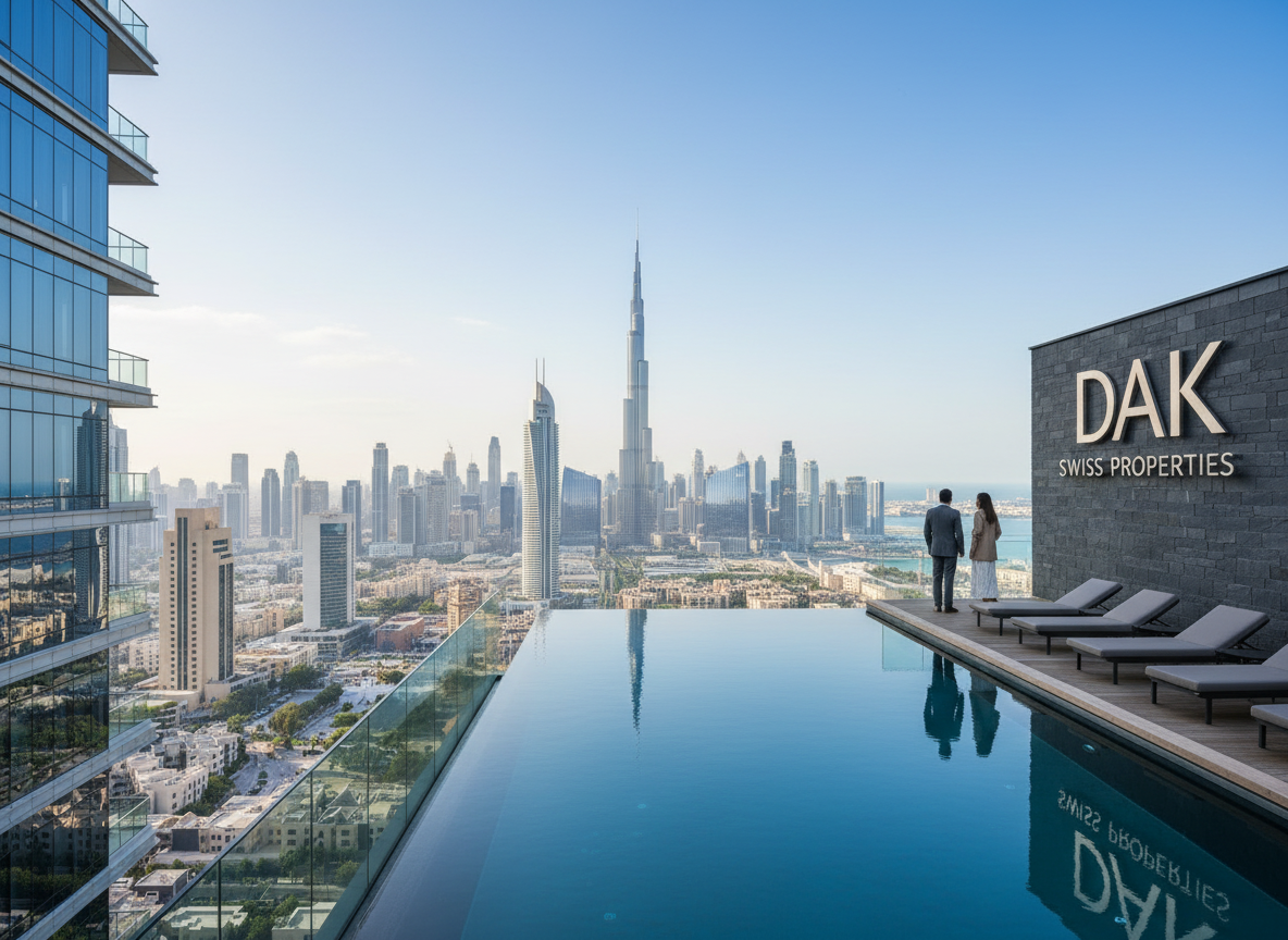 Ein modernes Immobilienbild aus Dubai mit klarem Bezug zur Skyline und bekannten Gebäuden, geeignet für eine professionelle Immobilienwebsite.
