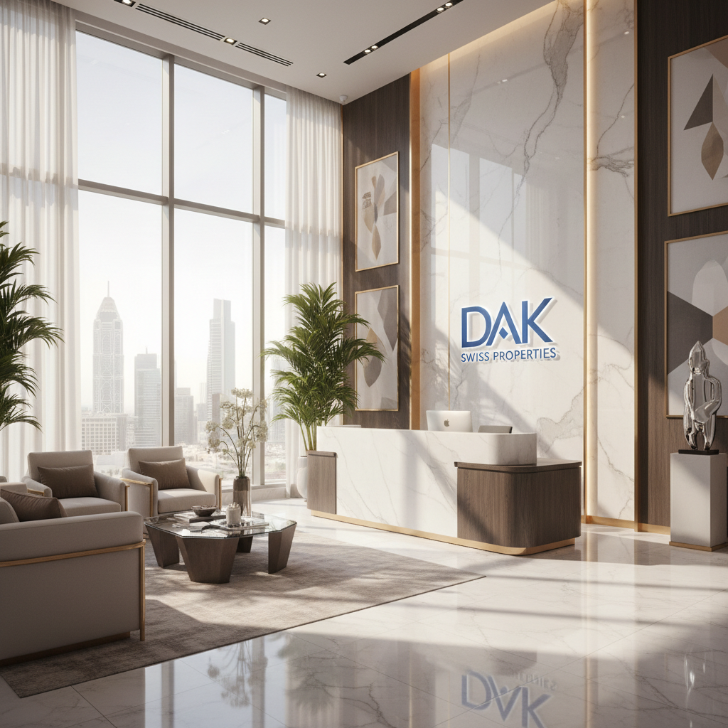 Empfangsbereich in Dubai mit DAK Swiss Properties, modern, stilvoll, sonnendurchflutet, exklusive Immobilien-Atmosphäre, hochwertiges Interieur, luxuriöses Ambiente, Firmenlogo sichtbar