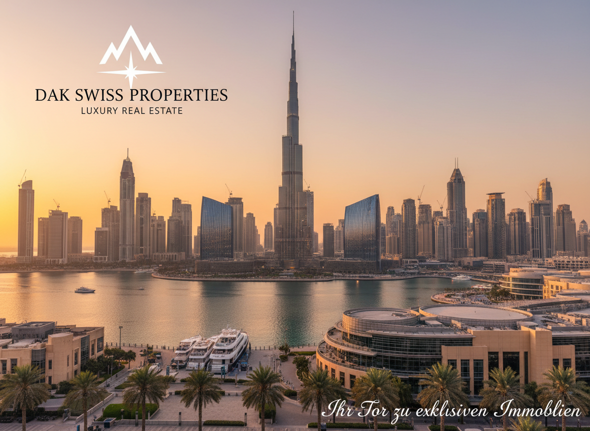 Ein Empfangsbild von Dubai mit dem Branding von DAK Swiss Properties, zeigt eine einladende Skyline mit luxuriöser Atmosphäre.