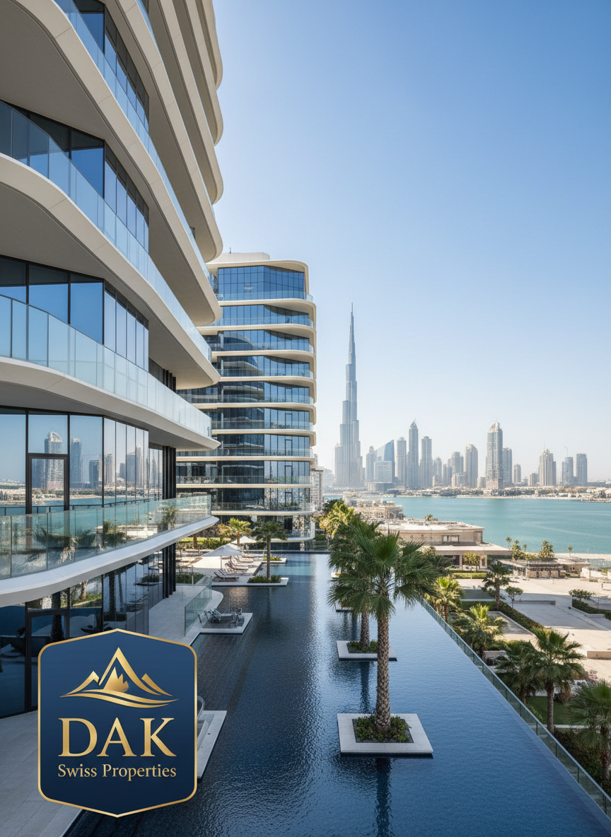 DAK Swiss Properties Logo auf einem Bild, das eine erstklassige Wertanlage in Dubai zeigt, z.B. luxuriöse Immobilien mit moderner Architektur vor der Skyline von Dubai.